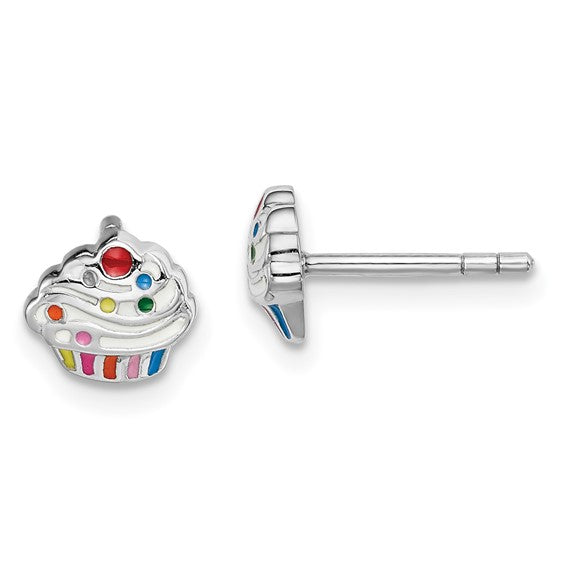 Sterling Silver Rhodium-Plated Multi-Color Enameled Cupcake Post Earrings