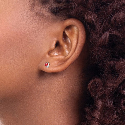 Sterling Silver Rhodium-Plated Red Enameled Heart Post Earrings