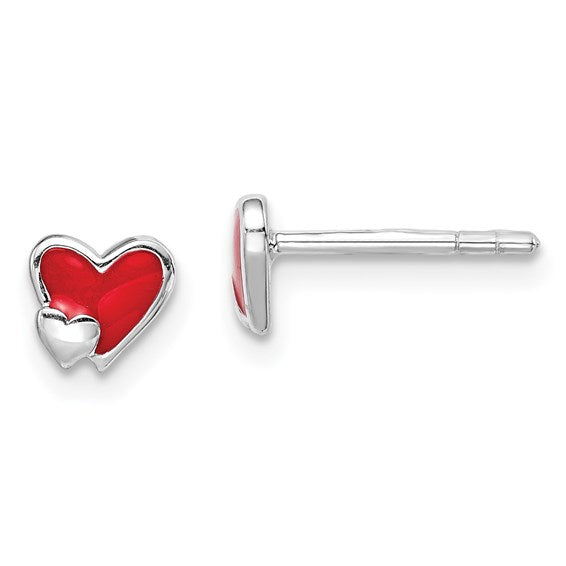 Sterling Silver Rhodium-Plated Red Enameled Heart Post Earrings