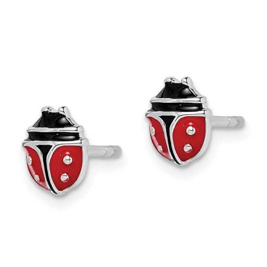 Sterling Silver Rhodium-Plated Red & Black Enameled Ladybug Post Earrings