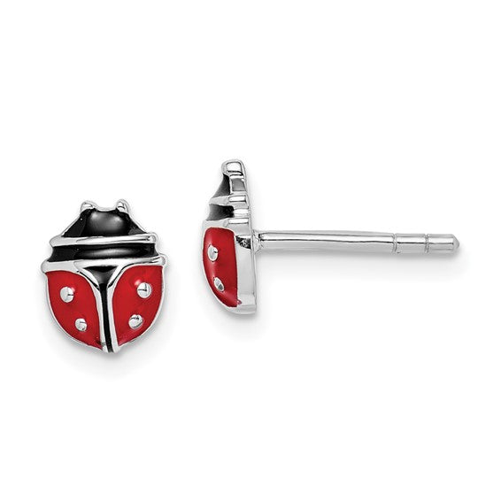 Sterling Silver Rhodium-Plated Red & Black Enameled Ladybug Post Earrings