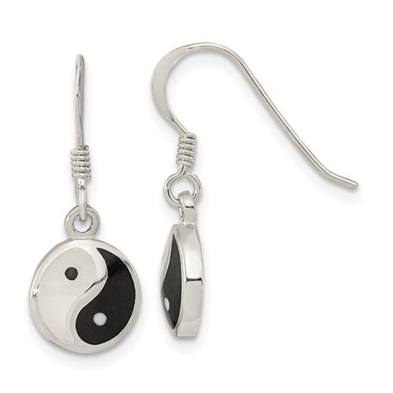 Sterling Silver Mother of Pearl & Black Resin Yin-Yang Dangle Earrings