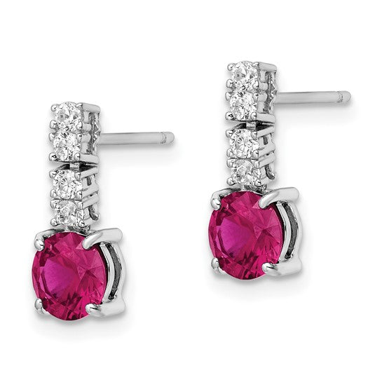 Sterling Silver Polished Lab-Created Ruby & CZ Post Dangle Earrings