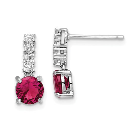 Sterling Silver Polished Lab-Created Ruby & CZ Post Dangle Earrings
