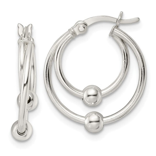 Sterling Silver Double Circle Beaded Hoop Earrings - 17mm