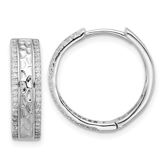 Sterling Silver Hammered Style CZ Huggie Earrings - 19 mm