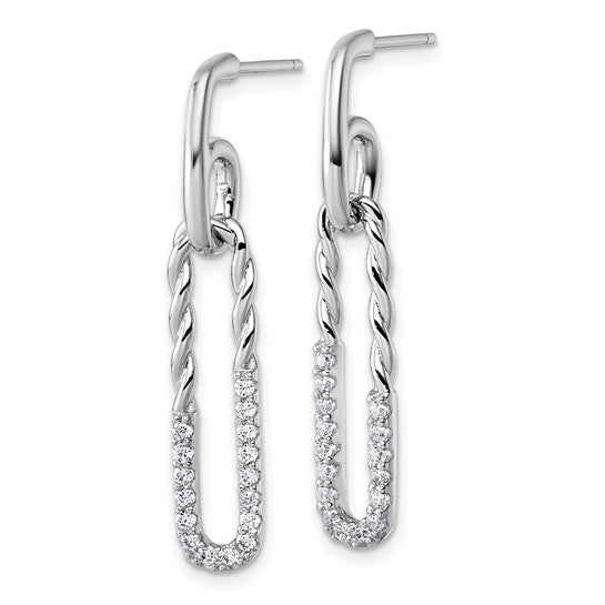 Sterling Silver Rhodium-Plated CZ Twisted Paperclip Post Dangle Earrings