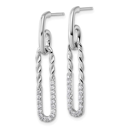 Sterling Silver Rhodium-Plated CZ Twisted Paperclip Post Dangle Earrings