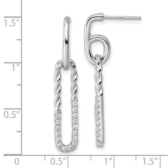 Sterling Silver Rhodium-Plated CZ Twisted Paperclip Post Dangle Earrings