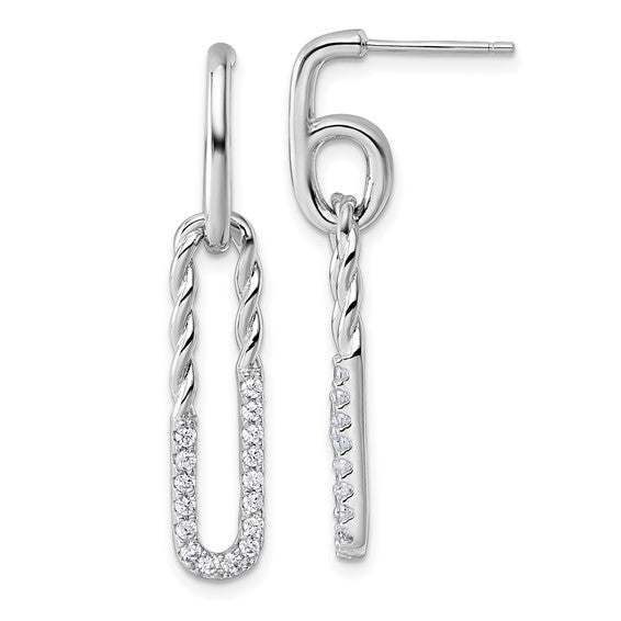 Sterling Silver Rhodium-Plated CZ Twisted Paperclip Post Dangle Earrings