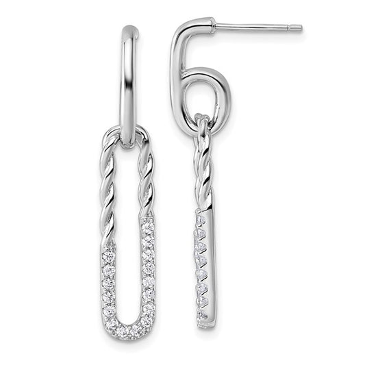 Sterling Silver Rhodium-Plated CZ Twisted Paperclip Post Dangle Earrings