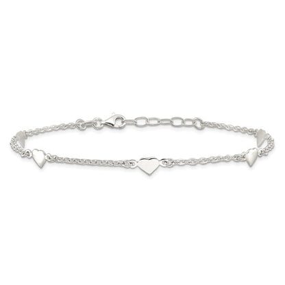 Sterling Silver Polished Hearts Anklet