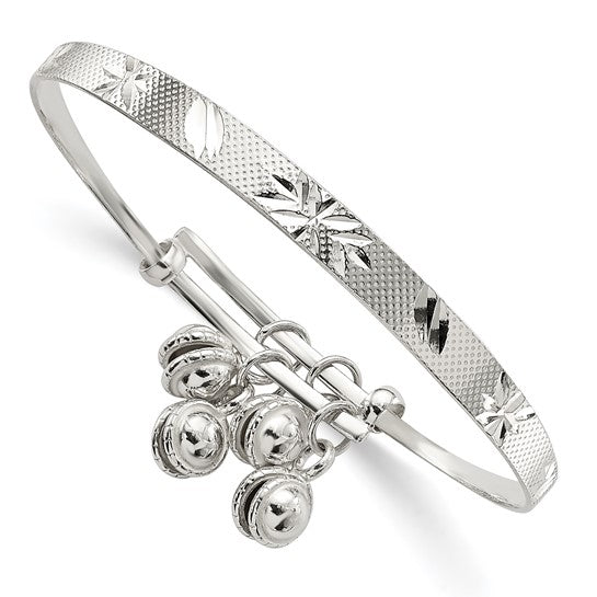 Sterling Silver Diamond-Cut Children's Textured Bells Adjustable Bangle Bracelet