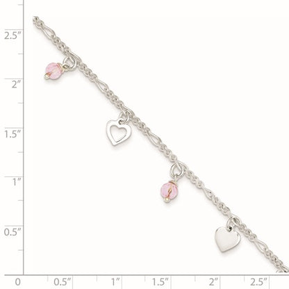 Sterling Silver Pink Glass Beads & Polished Hearts Anklet