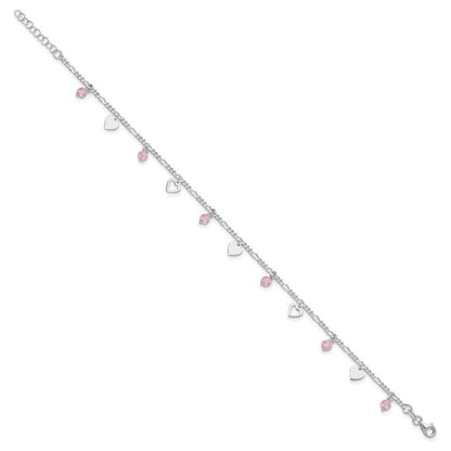 Sterling Silver Pink Glass Beads & Polished Hearts Anklet