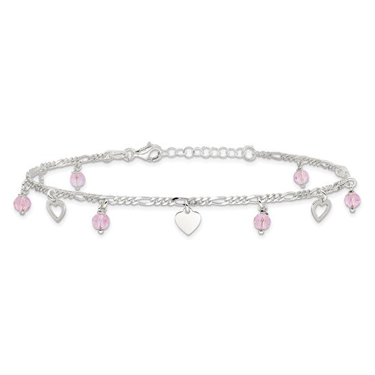 Sterling Silver Pink Glass Beads & Polished Hearts Anklet