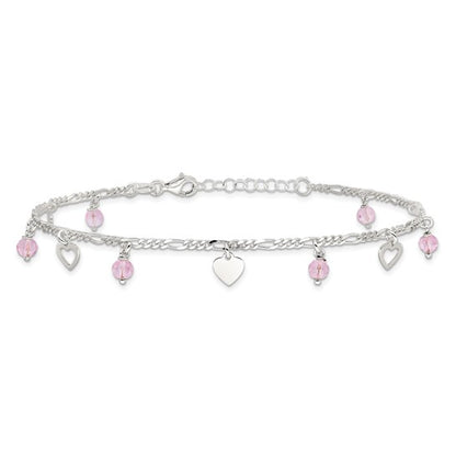 Sterling Silver Pink Glass Beads & Polished Hearts Anklet