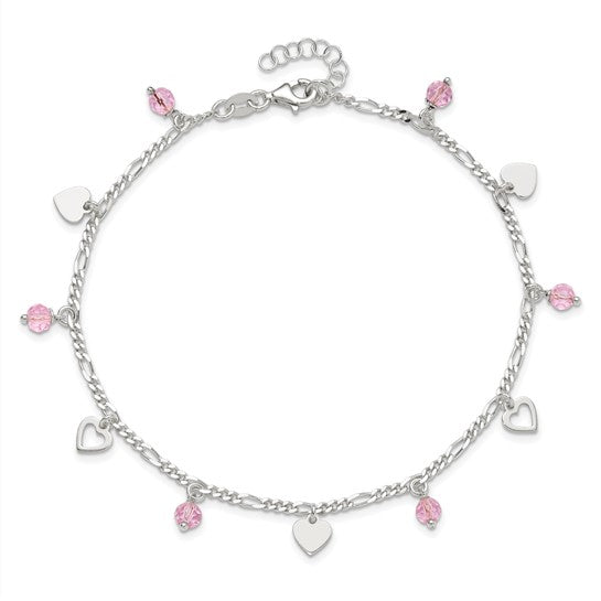 Sterling Silver Pink Glass Beads & Polished Hearts Anklet