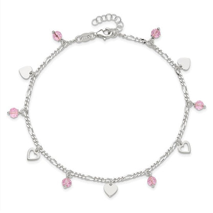 Sterling Silver Pink Glass Beads & Polished Hearts Anklet