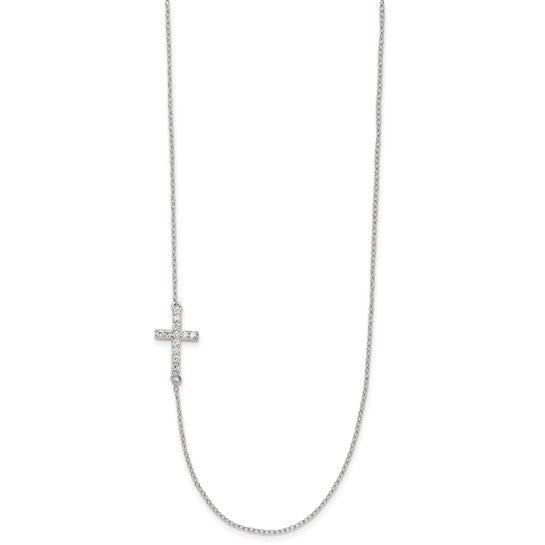 Sterling Silver CZ Offset Sideways Cross Necklace