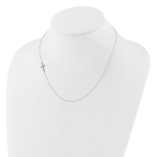 Sterling Silver CZ Offset Sideways Cross Necklace