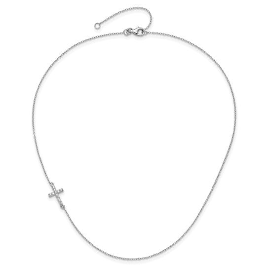 Sterling Silver CZ Offset Sideways Cross Necklace