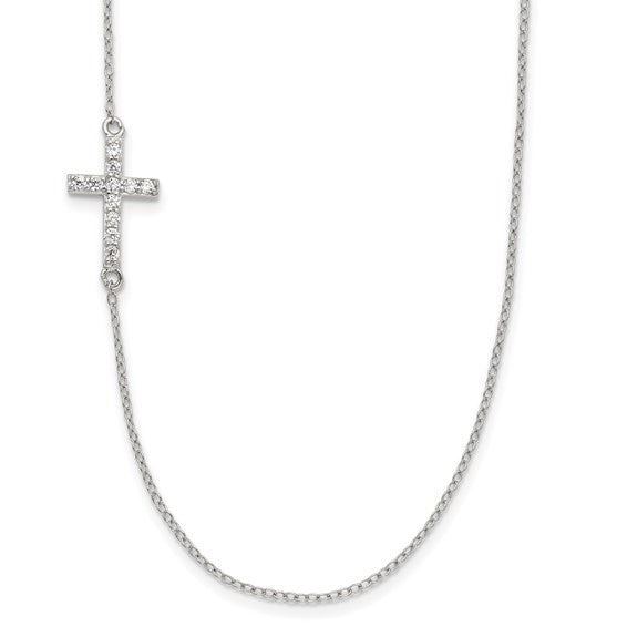 Sterling Silver CZ Offset Sideways Cross Necklace