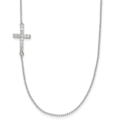 Sterling Silver CZ Offset Sideways Cross Necklace