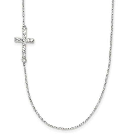 Sterling Silver CZ Offset Sideways Cross Necklace