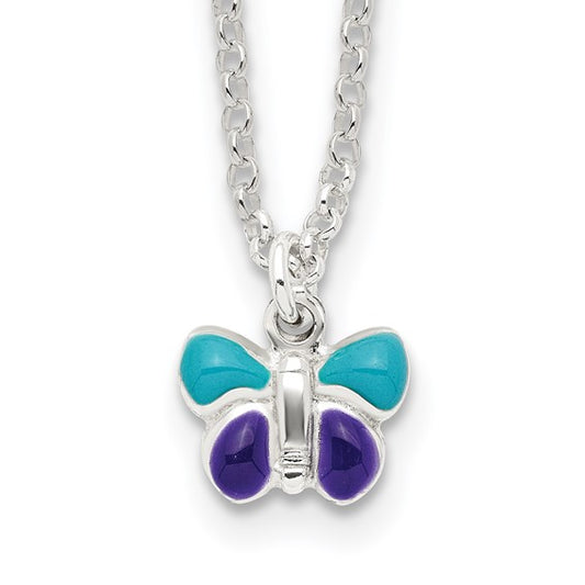 Sterling Silver Blue and Purple Enameled Butterfly Necklace