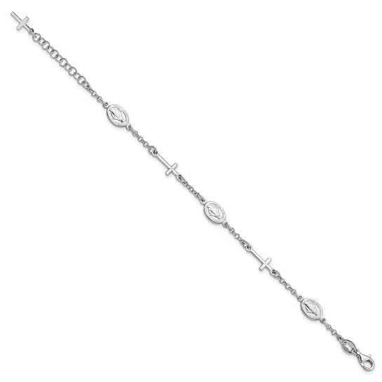 Sterling Silver Rhodium-Plated Cross & Miraculous Medallion Bracelet