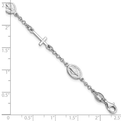 Sterling Silver Rhodium-Plated Cross & Miraculous Medallion Bracelet