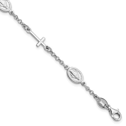 Sterling Silver Rhodium-Plated Cross & Miraculous Medallion Bracelet