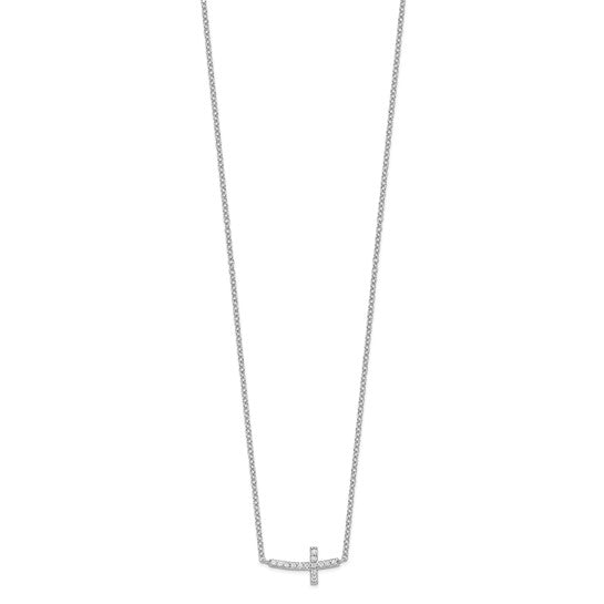 Sterling Silver Rhodium-Plated  CZ Sideways Cross Bar Necklace