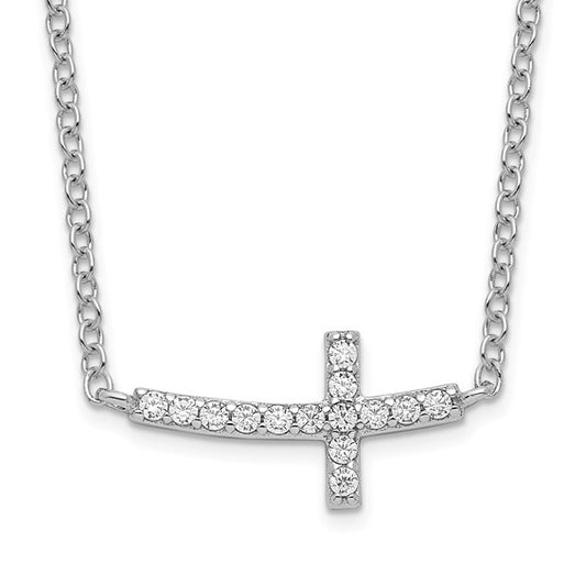 Sterling Silver Rhodium-Plated  CZ Sideways Cross Bar Necklace