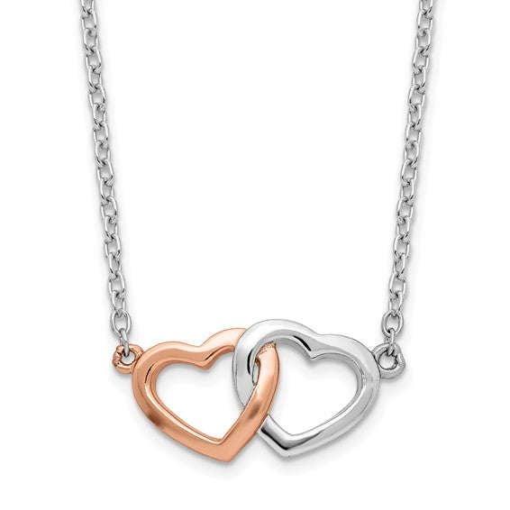 Sterling Silver Rhodium-Plated Rose Tone Double Heart Necklace