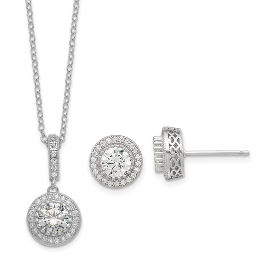 Sterling Silver Rhodium-Plated CZ Necklace & Post Earring Set