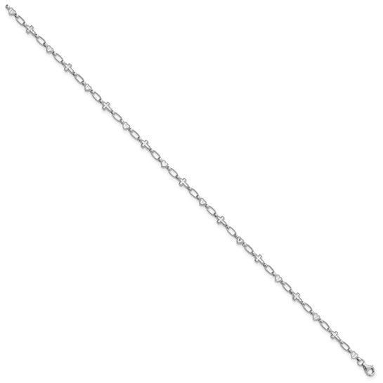 Sterling Silver Rhodium-Plated Heart & Cross Bracelet