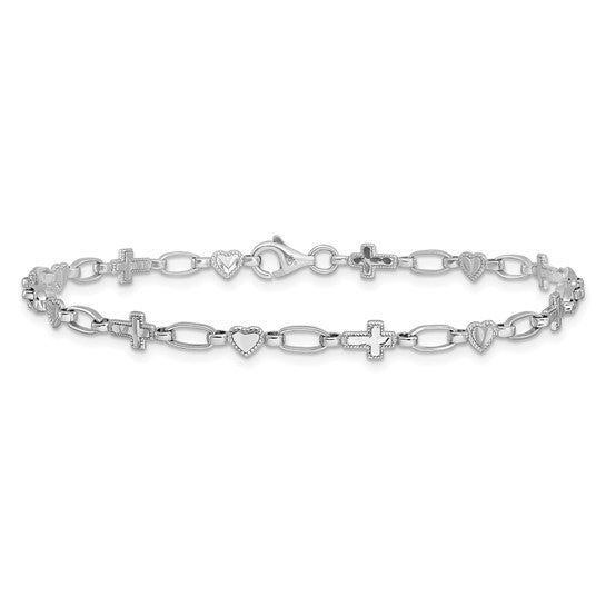 Sterling Silver Rhodium-Plated Heart & Cross Bracelet