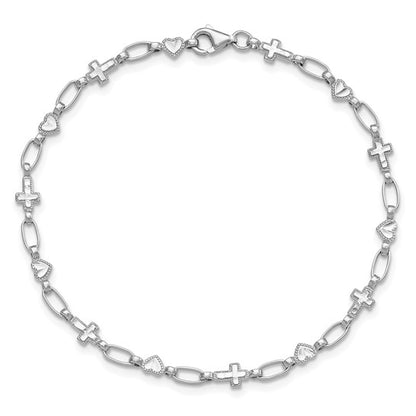 Sterling Silver Rhodium-Plated Heart & Cross Bracelet