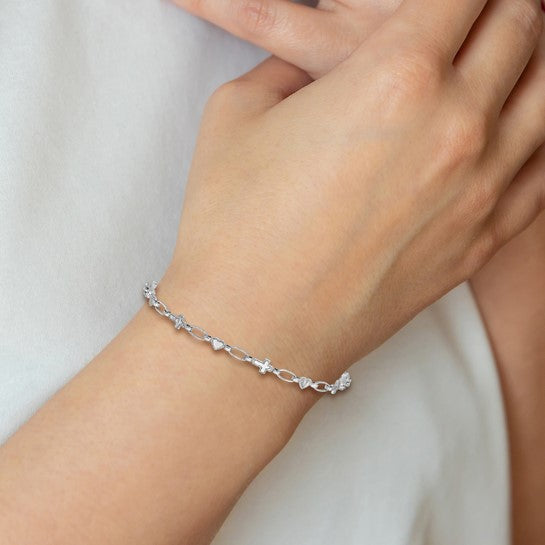 Sterling Silver Rhodium-Plated Heart & Cross Bracelet