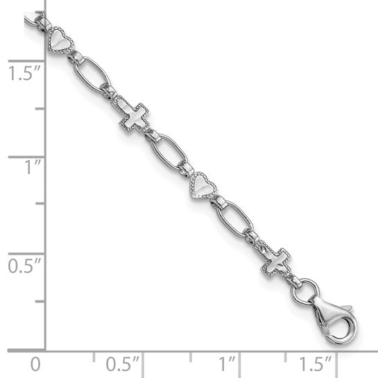 Sterling Silver Rhodium-Plated Heart & Cross Bracelet