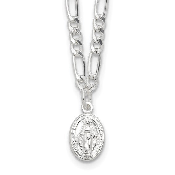 Sterling Silver Rhodium-Plated Miraculous Medallion Link Necklace -16in w/ 2in Extension