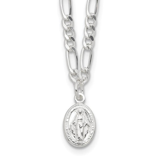 Sterling Silver Rhodium-Plated Miraculous Medallion Link Necklace -16in w/ 2in Extension