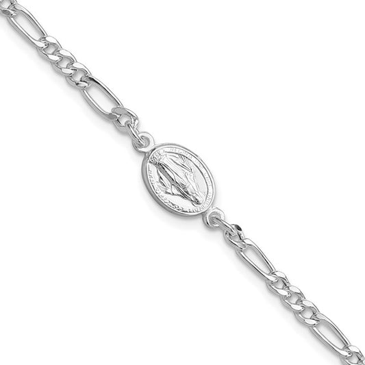 Sterling Silver Rhodium-Plated Miraculous Medallion Bracelet - 7.25 in w/ 1 in Extension