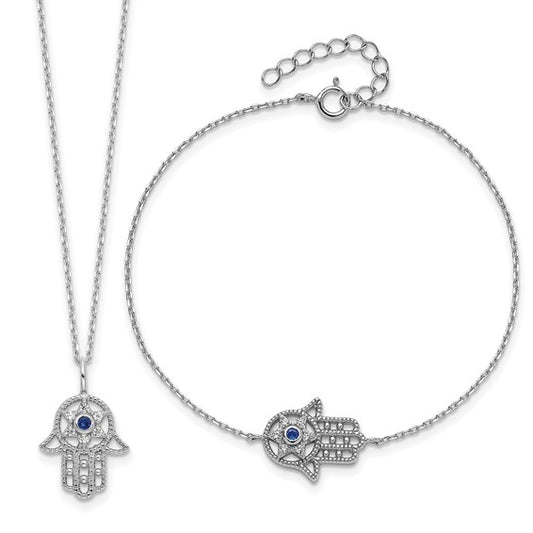 Sterling Silver CZ & Blue Spinel Hamza Necklace & Bracelet Set