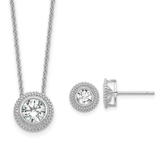 Sterling Silver Rhodium-Plated CZ Solitaire Necklace & Post Earring Set