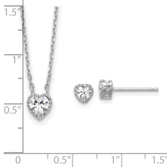 Sterling Silver Rhodium-Plated Children's CZ Heart Necklace & Stud Earring Set