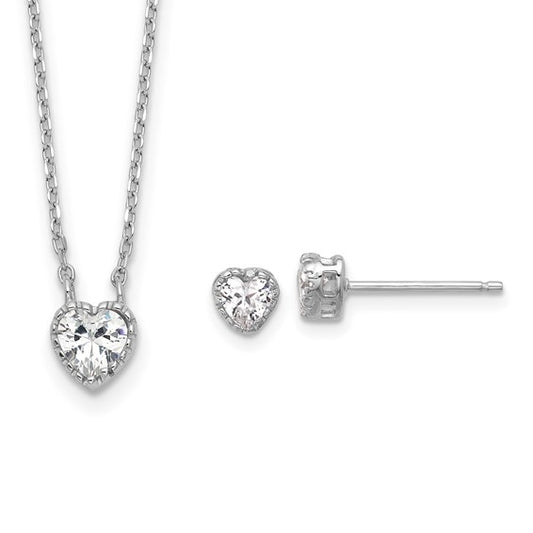 Sterling Silver Rhodium-Plated Children's CZ Heart Necklace & Stud Earring Set