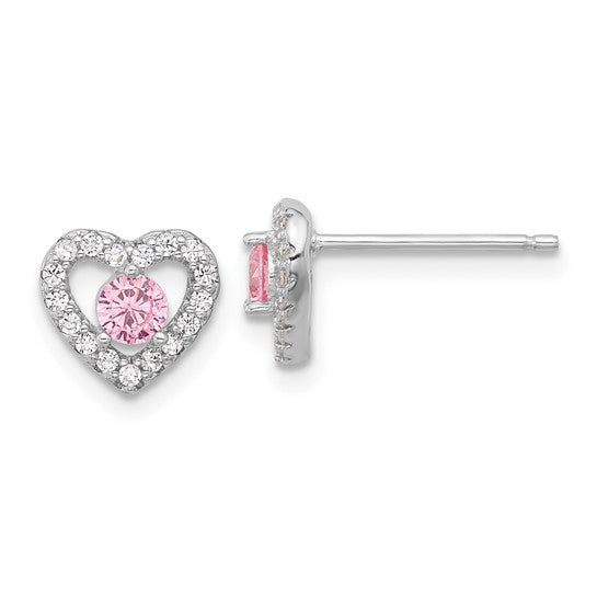 Sterling Silver Rhodium-Plated Children's Pink & White CZ Heart Necklace & Stud Earring Set